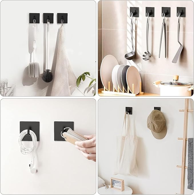 LICITE USA 4-Pack Adhesive Hooks – Heavy Duty Stainless Steel Stick-On Wall Hooks for Bathroom, Kitchen, Doors, and Cabinets – Waterproof, Rust-Resistant, No Drill Required (Black/Silver)