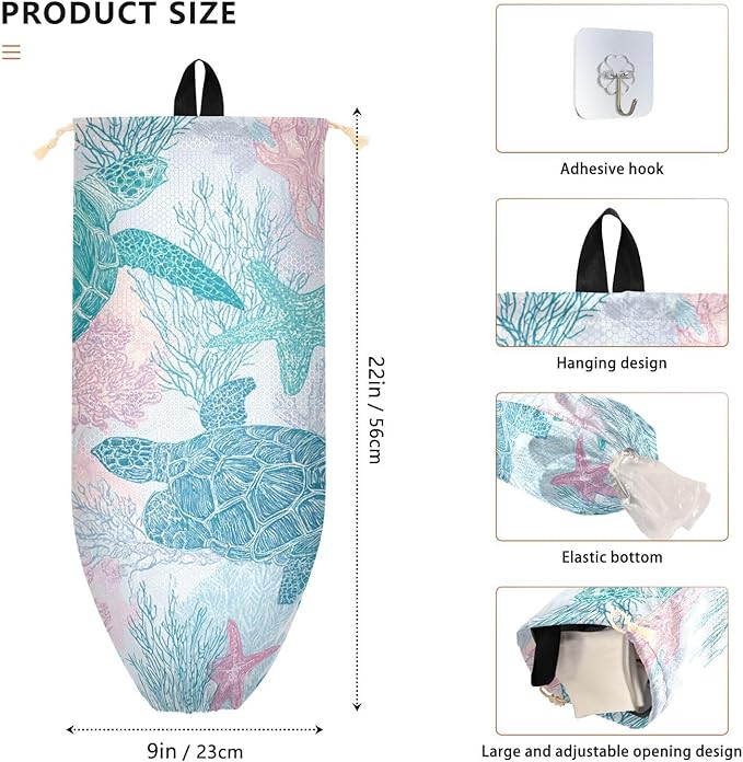 Plastic Bag Holder Wall Mount Grocery Bag Shopping Bag Storage Holder Organizer Dispenser with Adhesive Hook,for Kitchen Bathroom Home Decor 9x22 Inches Simple Turtles Starfish Coral25