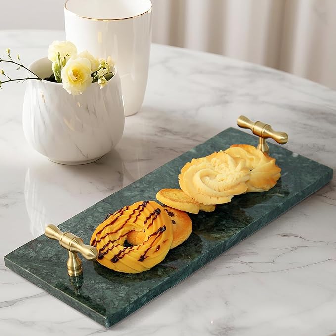 Marble Napkin Holder, Guest Towel Holder Tray, Green Marble Tray for Bathroom & Kitchen Countertop with Brass Handles, Decorative Bathroom Napkin Holder for Home Decor