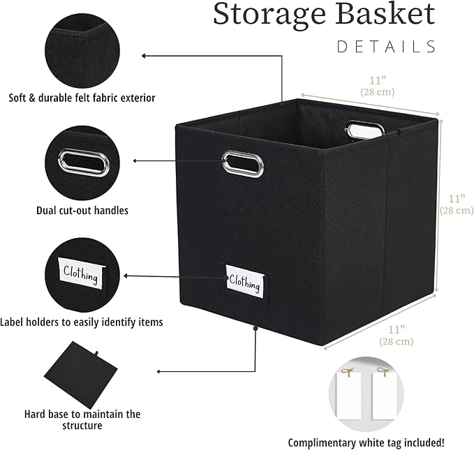 DECOMOMO Black Storage Bins, 11 inch Cube Storage Bin with Labels, Felt Baskets (Cube 11" / 6pcs, Black)