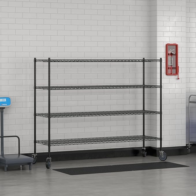 Commercial NSF Listed Black Epoxy Mobile Wire Shelving Kit 21" x 72" x 60", with 4 Shelves Perfect for Warehouse, Walk-in Refrigerator, Freezer, Grocery Store, Restaurant, Dishroom