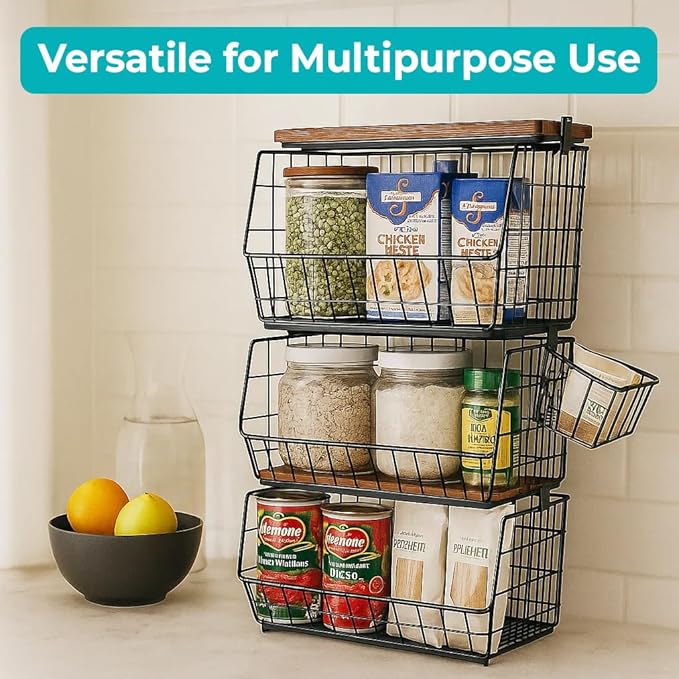 Storage Pantry Baskets – Heavy Duty Wire Bins for Kitchen, Bathroom & Laundry – Wall Mounted, Stackable Organizer for Snacks, Toiletries, Potatoes & Onions – 2 Pack Storage Set Bundle XXL