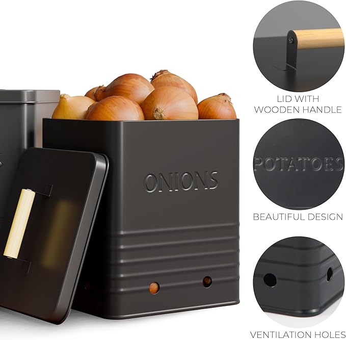 Beautiful Potato and Onion Storage Container Set - Perfectly Sized Spacious Canisters For Your Kitchen Counter Or Pantry - Quality Food Safe Metal Bins Keep Your Produce/Vegetables Fresh Longer