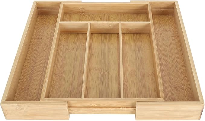 Kitchen Silverware Organizer Expandable for Cutlery and Utensils, Adjustable Wood Utensil Storage Cutlery Tray for Drawers, Kitchen Drawer Organizer Utensil Holder Makeup Organizer with(6 Slots)