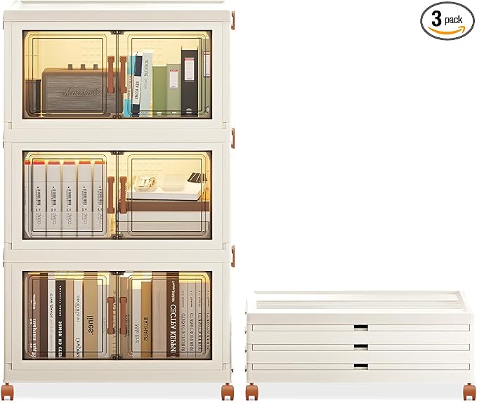 Plastic Storage Cabinet & Snack Cabinet - Stackable, Collapsible Organizer with Doors, Foldable Design for Pantry, Kitchen, Office, Clear Plastic Storage Bins for Space Saving 3PACK(White)