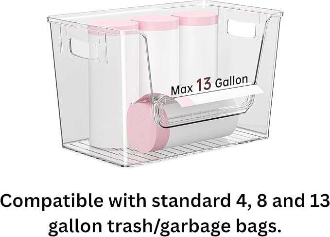 2 Set Pantry Organizers, Storage,Bamboo Lids with Removable Drain Trays, Stackable Clear Bins for Potato, Onion, Vegetables, Fruit, Trash Bag Dispenser, Under Sink Organizer for 4-13 Gal Bags
