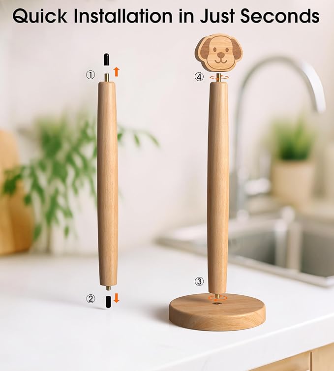 KitchLife Cute Wooden Paper Towel Holder Countertop - Solid Freestanding Paper Towel Dispenser Stand Organizer with Anti-Skid Base (Dog)