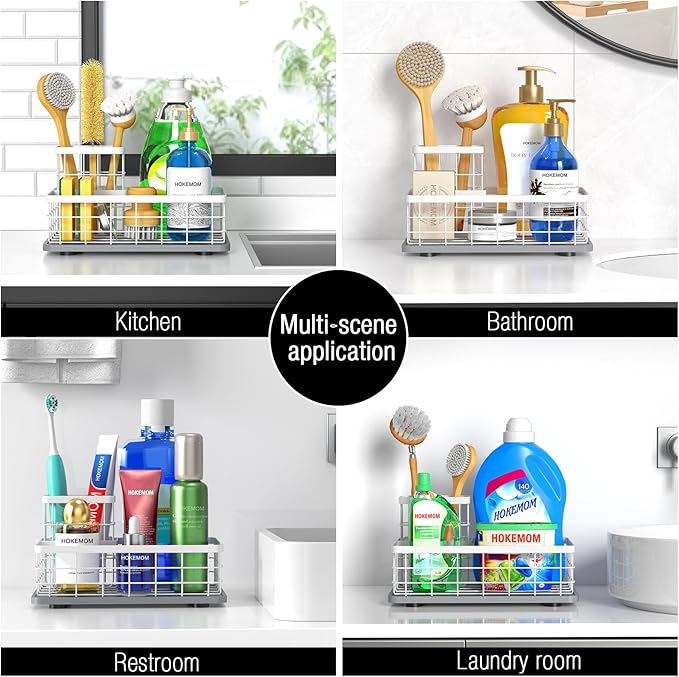 EXTRA LARGE Kitchen Sink Caddy Organizer, [FLEXIBLE PLACEMENT & FAST-DRYING] Sponge Holder for Kitchen Sink Countertop,Stainless Steel with Rust-Resistant Coating-10.24" L x 6.5" W x 5.83" H