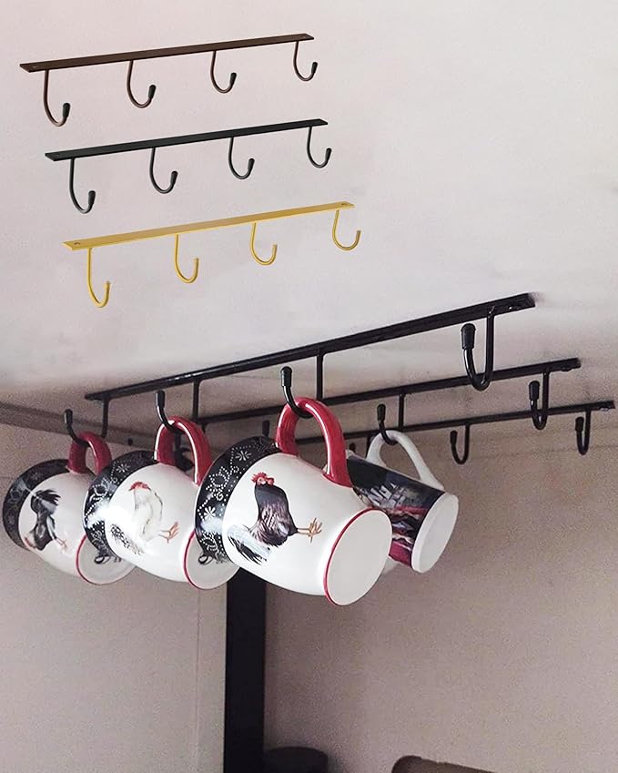 Mug Hanger Under Cabinet 3 Pcs Iron Mug Rack Wall Mounted Coffee Cup Rack Storage Organizer for Kitchen Dining Bar - Gold