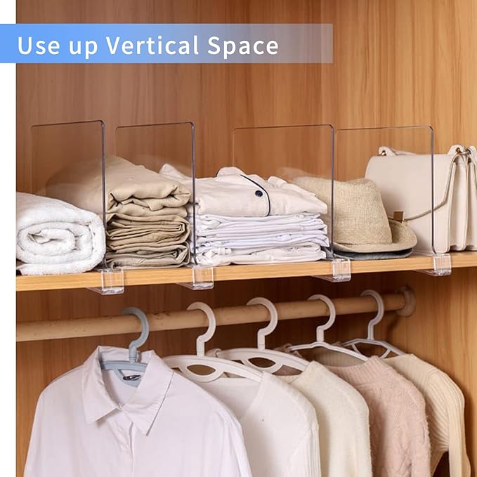 Adjustable Closet Shelf Dividers 8 Pack - Acrylic Vertical Organizer for Cabinets, Kitchen, Pantry (Clear)