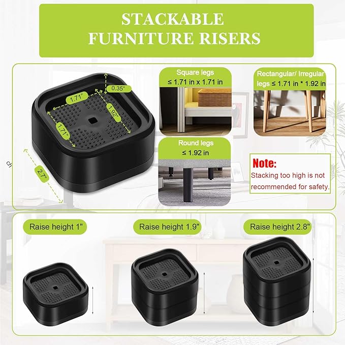 4 Pack Furniture Risers 1 Inch, Adjustable Bed Risers Heavy Duty for Table Desk Couch Chair Sofa Cabinet Bed Legs Dorm, Square Stackable Bed Raisers Blocks Lift Height 1", 2" or 3", Black