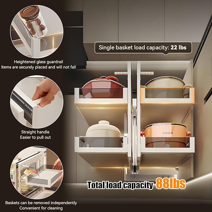 Blind Corner Cabinet Pull Out 13", 14.1", 15.3", 16.9", 2 Tier Kitchen Cabinet Organizer, Left & Right Open Compatible, Blind Corner Kitchen Cabinets
