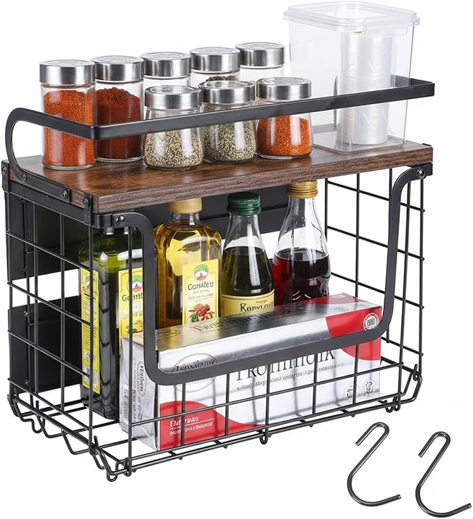 Mowhut Magnetic Shelf for Fridge, Magnetic Spice Rack with Wood Lid & 2 Hooks, Fruit Potato and Onion Storage Bin, Refrigerator Organizers and Storage, Kitchen Pantry Countertop & Cabinet, Black