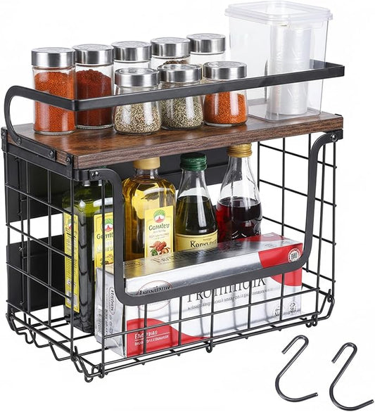 Mowhut Magnetic Shelf for Fridge, Magnetic Spice Rack with Wood Lid & 2 Hooks, Fruit Potato and Onion Storage Bin, Refrigerator Organizers and Storage, Kitchen Pantry Countertop & Cabinet, Black
