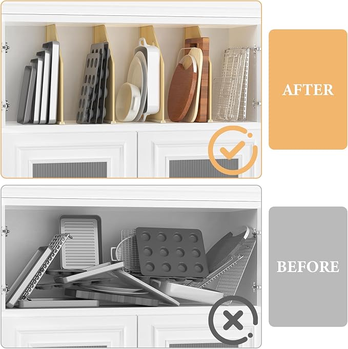 4 Pack Wood Tray Dividers for Cabinet, Cookie Sheet Organizer for Cabinets, No-Cut Kitchen Cabinet Dividers, Cookie Trays for Kitchen, Utility Rooms, Pantry Storage