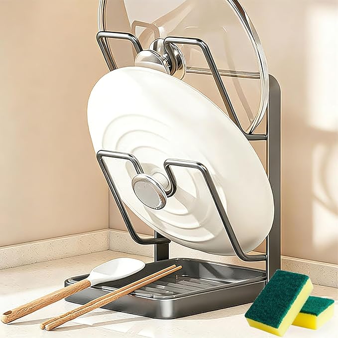 GDSAFS Kitchen Pot Lid Storage Rack, Pot Lid Holder With Tray, Lid Holder While Cooking, Lid And Spoon Rest, Multifunctional Kitchen Organizer Stand for Stove Top (Gray, Double-layer)