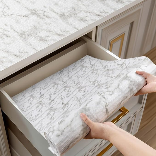 Shinlendid Shelf and Drawer Liner for Kitchen Cabinets Non-Adhesive, Strong Grip Non-Slip Thickened Cabinet Liners for Shelves, Waterproof Mats for Dresser Cupboard, Marble, 12 in x 10 Feet