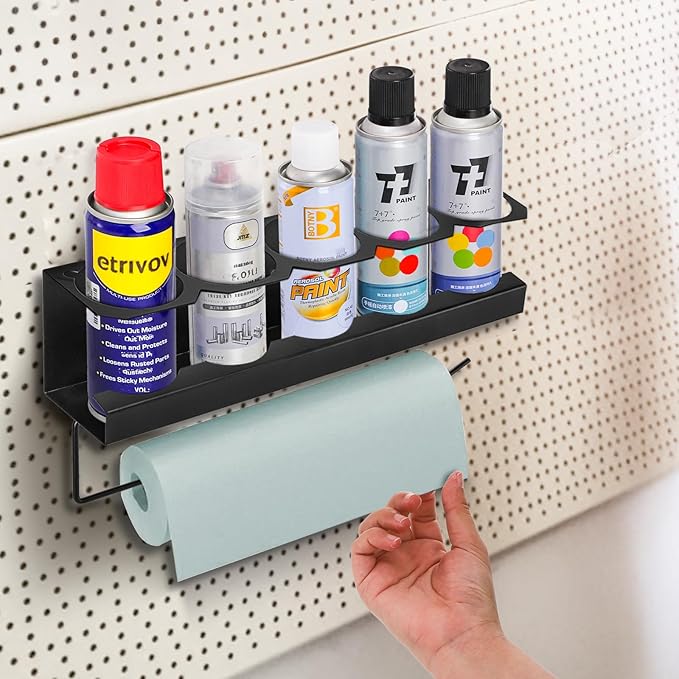 Cedilis 2 Pack Aerosol Spray Can Holder Rack with Paper Towel Holder, Wall Mounted Steel Spray Bottle Organizer, Black Spray Paint Can Holder for Garage and Workspace, Mounting Accessories Included