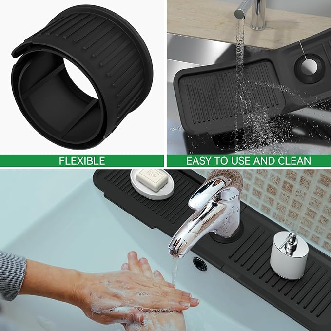 Kitchen Sink Splash Guard Behind Faucet 24 x 5.5 Inch, Toovem Faucet Handle Drip Catcher Tray, Longer Silicone Sink Faucet Mat, Dish Soap Sponge Holder for Bathroom, Farmhouse, Bar, Rv,Black