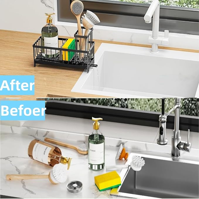 Sponge Holder for Kitchen Sink - Sink Caddy with Brush Holder Auto Draining Sponge Caddy Organizer with Divider Stainless Steel Kitchen Accessories Storage for Countertop