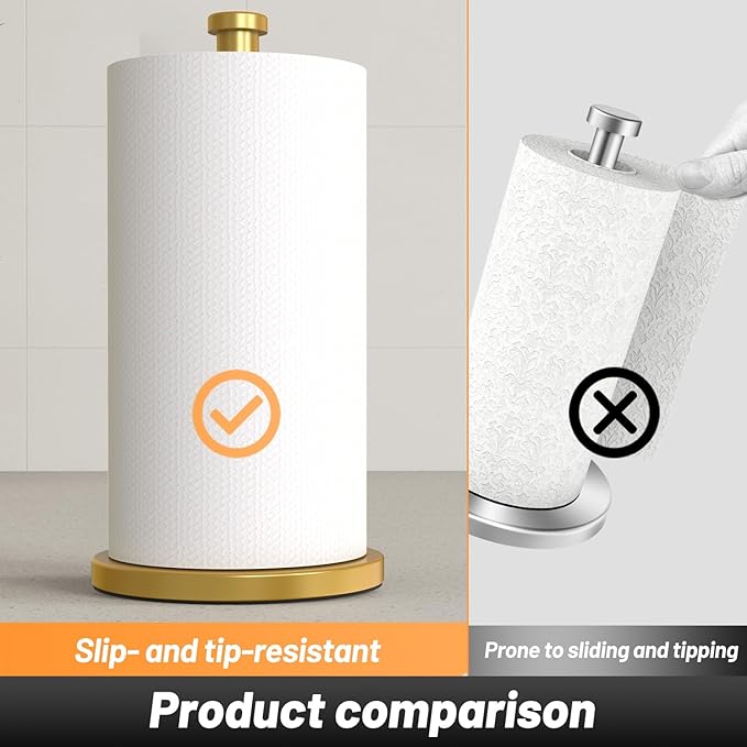 VEHHE Paper Towel Holder Countertop, Weighted Non-Slip Base, Stainless Steel Paper Towel Holder for Kitchen Bathroom (Gold)