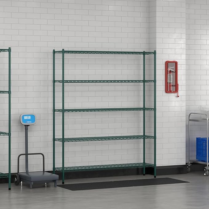 Commercial NSF Listed Green Epoxy Stationary Wire Shelving Kit 14" x 60" x 74", with 5 Shelves Perfect for Warehouse, Walk-in Refrigerator, Freezer, Grocery Store, Restaurant, Dishroom