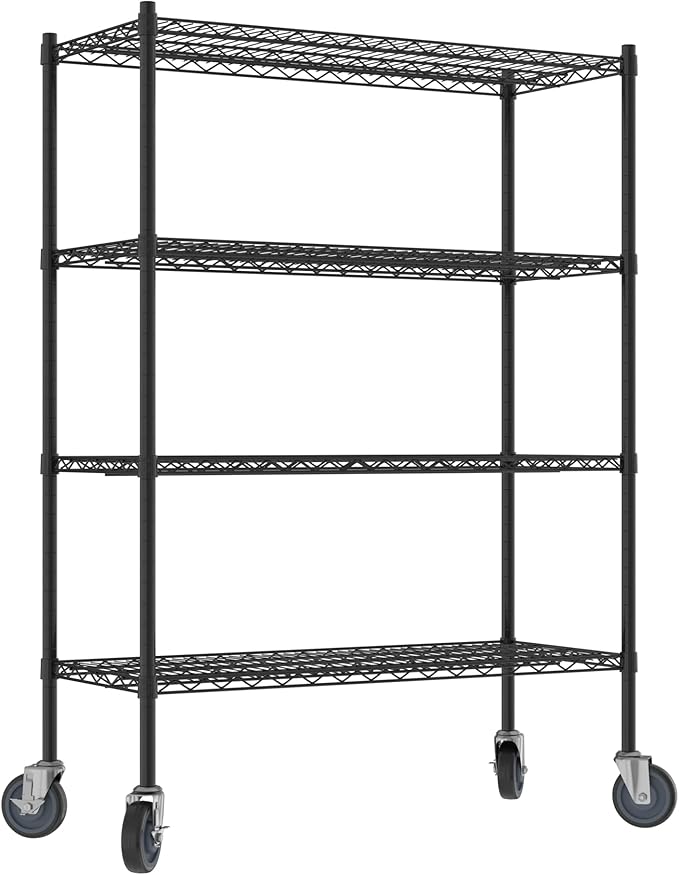 Commercial NSF Listed Black Epoxy Mobile Wire Shelving Kit 18" x 42" x 60", with 4 Shelves Perfect for Warehouse, Walk-in Refrigerator, Freezer, Grocery Store, Restaurant, Dishroom