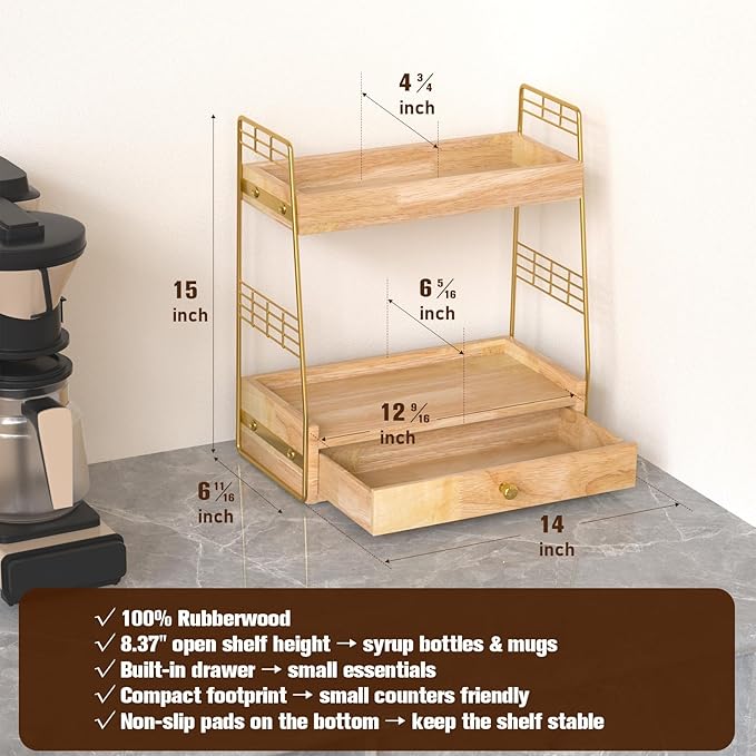 Coffee Bar Station Organizer with Built-In Drawer, 2-Tier Countertop Shelf for Tea Bags, Coffee Accessories, Syrup Bottles (Natural)