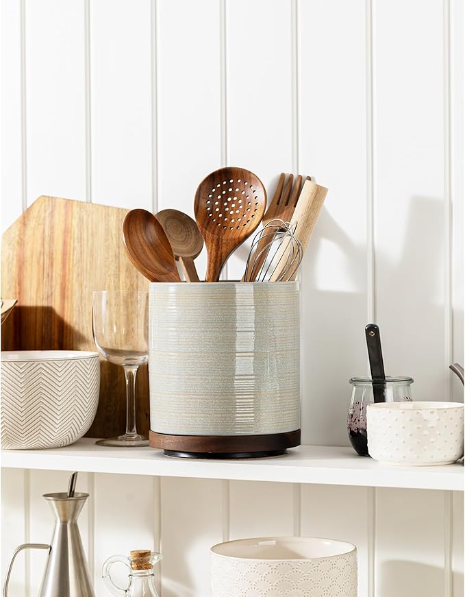 Utensil Holder, 360° Rotating Extra Large Ceramic Kitchen Utensil Holder for Countertop, 7.3“ Cooking Utensil Crocks for Kitchen Counter with Rotatable Wooden Base, Farmhouse Decor, Dusty Green