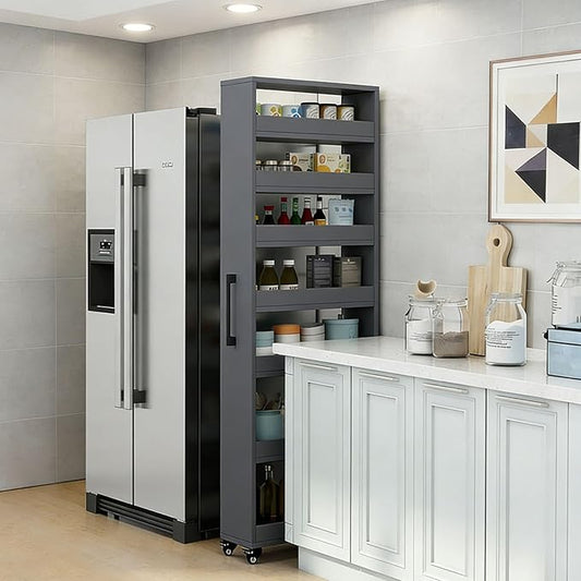 7-Tier Slim Storage Cart, Wooden Rolling Pantry Cabinet with Wheels, Narrow Shelf Organizer for Kitchen, Bakers Rack, Dining Room, Closet,Gray,W5.9×D17.7×H72.4