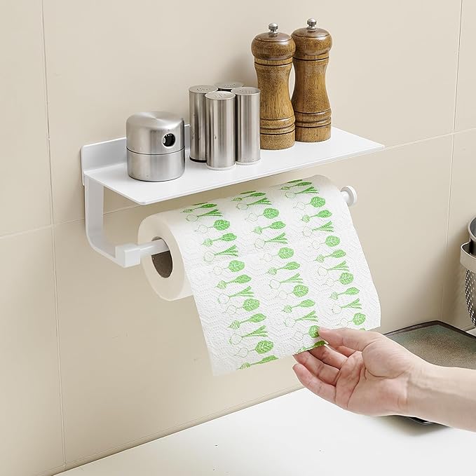 Paper Towel Holder Wall Mount for Bathroom Hand Towel Holder for Bathroom Black Paper Towel Holder with Shelf (White)