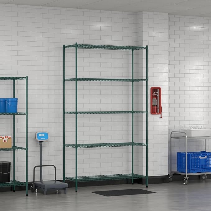 Commercial NSF Listed Green Epoxy Stationary Wire Shelving Kit 21" x 54" x 96", with 5 Shelves Perfect for Warehouse, Walk-in Refrigerator, Freezer, Grocery Store, Restaurant, Dishroom