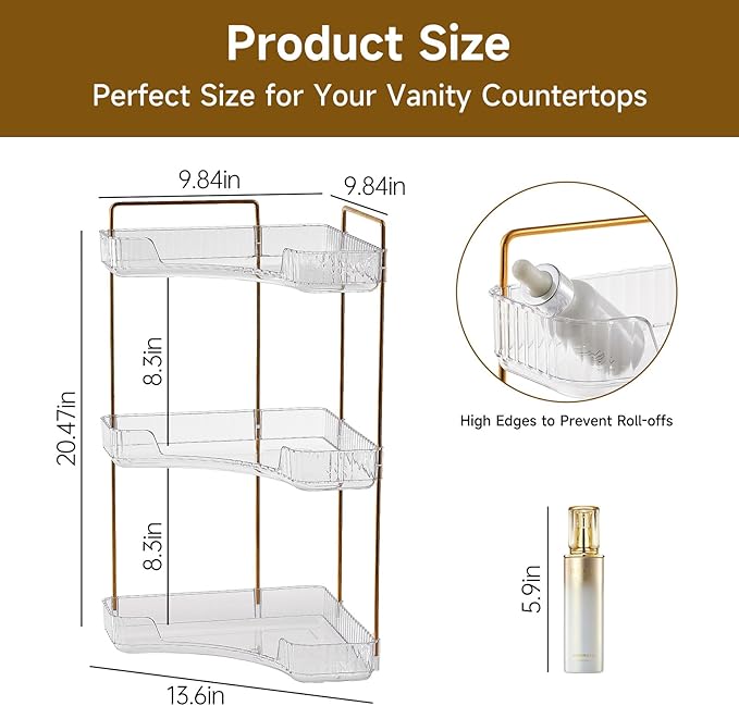 3-Tier Corner Bathroom Counter Organizer, Plastic Countertop Makeup Organizer, Large Capacity Vanity Bathroom Perfume Shelf Rack for Kitchen Office Desktop (Clear)