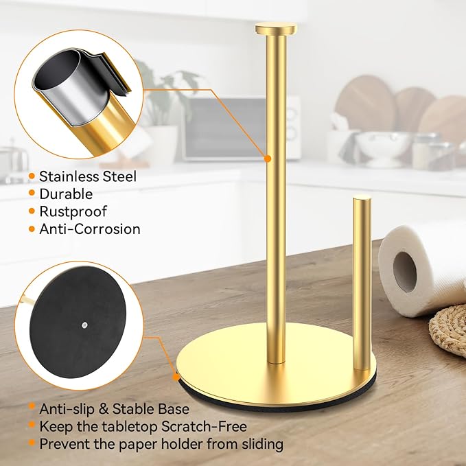 Paper Towel Holder, Gold Kitchen Roll Holder, Premium Stainless Steel Paper Towel Holder for Kitchen Rolls Organizer, Standing Paper Roll Dispenser