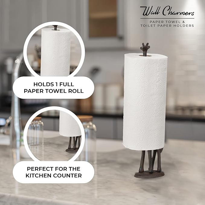 WallCharmers Rustic Paper Towel Holder, Metal Toilet or Kitchen Paper Holder for Floor or Countertop, Rustic Giraffe