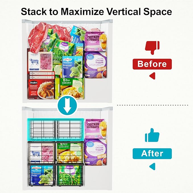 iSPECLE Chest Freezer Organizer - for 5 to 7 Cu.Ft Chest Freezer, 4 Pack Easy Access Stackable Freezer Organizer with Handles, Heavy Duty for Meat and Frozen Food, Assembly Required, Black