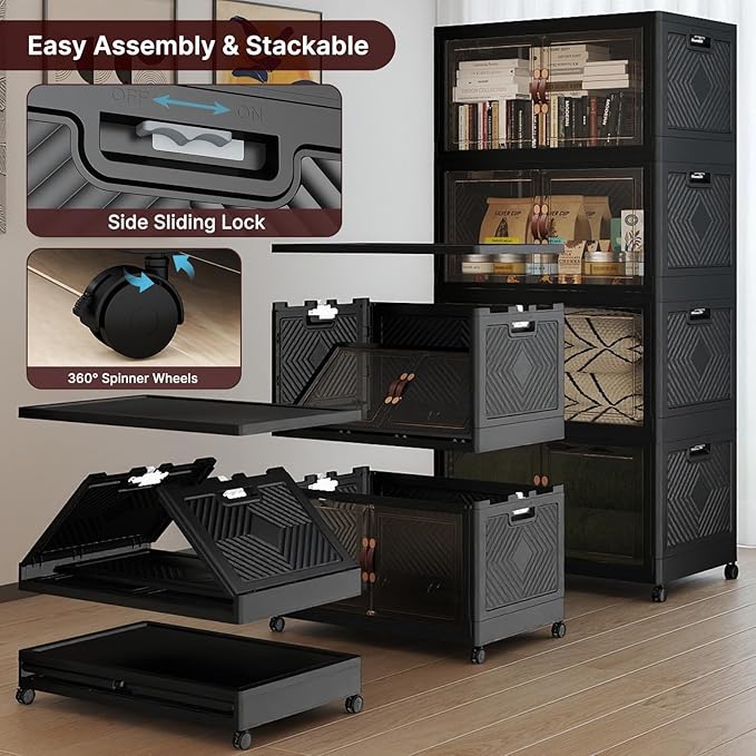 VNVTO 640Qt Stackable Storage Bins with Lids, 4 Pack Large Collapsible Bins with Wheels, Plastic Cabinet with Doors, Foldable Closet Organizers and Storage for Home, Dorm, Office, Black