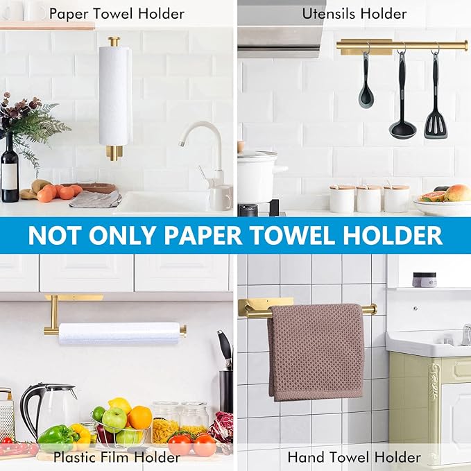 Gold Paper Towel Holder Under Cabinet, Self Adhesive Paper Towel Roll Holder Stick on Wall, Stainless Steel Towel Paper Holder for Kitchen Bathroom