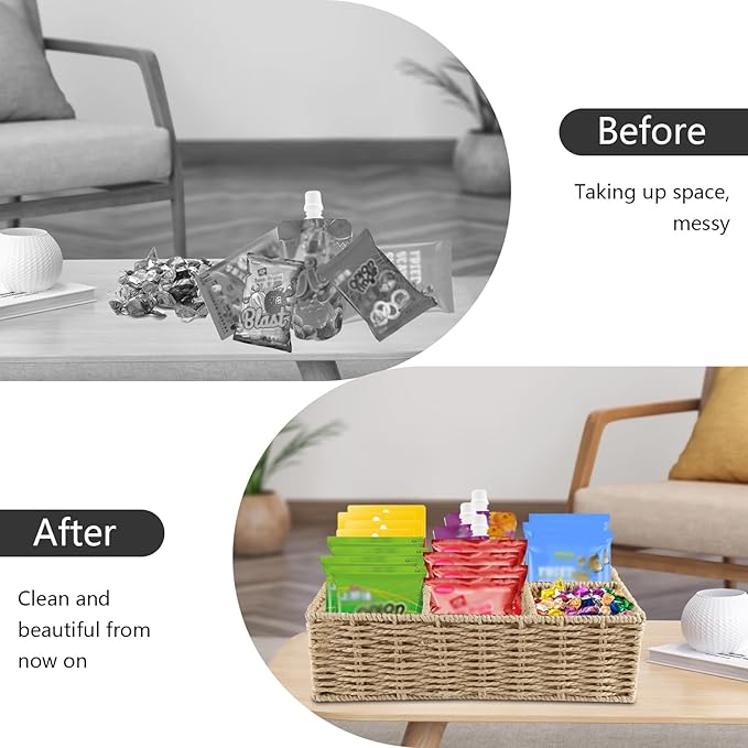 Snack Bar Station Organizer,Pantry Organizers and Storage Bins,Hand-Woven Snack Basket for Countertop with 6 Compartments,Snack Display Box for Candy,Drink Packet,Chips,Spice Organizer