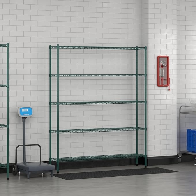 Commercial NSF Listed Green Epoxy Stationary Wire Shelving Kit 12" x 60" x 74", with 5 Shelves Perfect for Warehouse, Walk-in Refrigerator, Freezer, Grocery Store, Restaurant, Dishroom