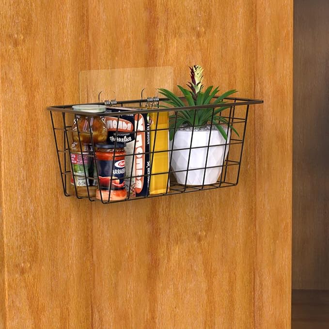 Deertaip Adhesive Basket Wall Wire Basket Over the Cabinet Door Organizer No Drilling Mounted 4 Pack, Black