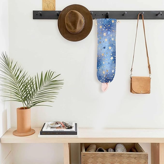 Plastic Bag Holder Wall Mount Grocery Bag Shopping Bag Storage Holder Organizer Dispenser with Adhesive Hook,for Kitchen Bathroom Home Decor 9x22 Inches Blue Romantic Golden Stars24