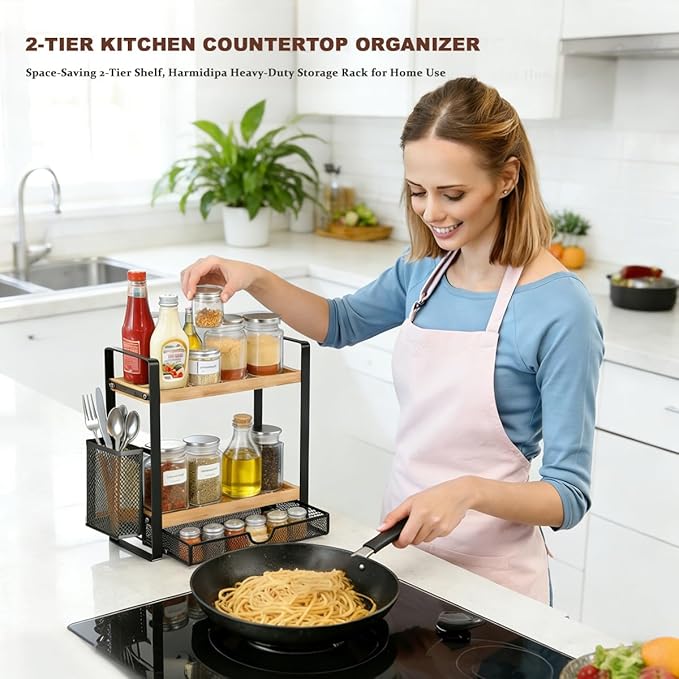 2 Tier Spice Rack Organizer for Countertop with Drawer and Basket, Suitable for Coffee Organizer, Kitchen Counter Storage, Bathroom Storage
