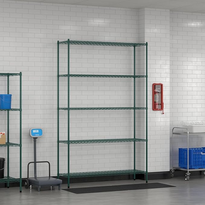 Commercial NSF Listed Green Epoxy Stationary Wire Shelving Kit 18" x 60" x 96", with 5 Shelves Perfect for Warehouse, Walk-in Refrigerator, Freezer, Grocery Store, Restaurant, Dishroom