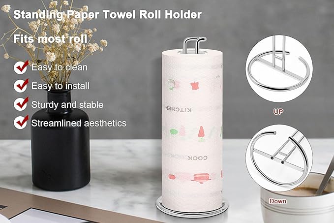NearMoon Paper Towel Holder, Sturdy Paper Towel Stand Dispenser-All Metal, Standard or Jumbo-Sized for Kitchen Countertop, Farmhouse, Living Room (1 Pack, Chrome Finish)