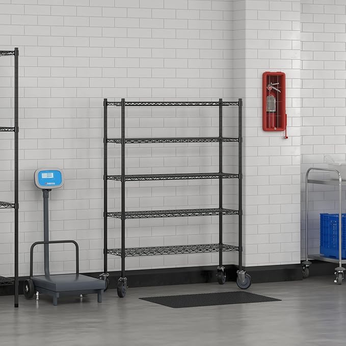 Commercial NSF Listed Black Epoxy Mobile Wire Shelving Kit 14" x 42" x 60", with 5 Shelves Perfect for Warehouse, Walk-in Refrigerator, Freezer, Grocery Store, Restaurant, Dishroom
