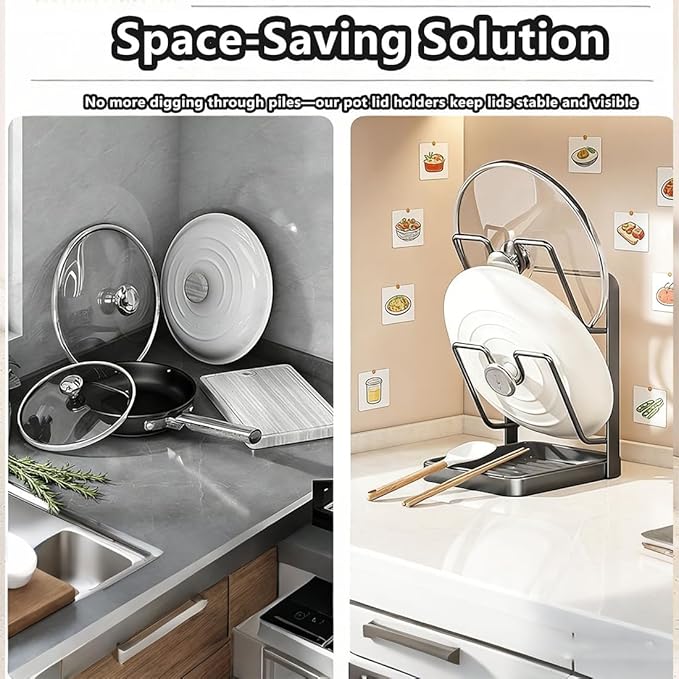 Kitchen Pot Lid Storage Rack, Pot Lid Rack, Multi-functional Kitchen Storage Racks, Space-Saving Kitchens Pots Cover Organizer Stand for Countertop (White)