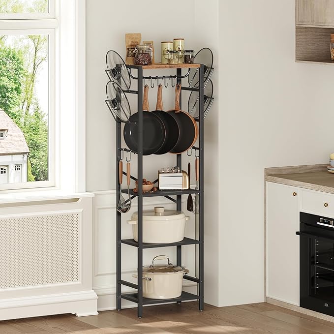 4-Tier Pot Rack, Pots and Pans Organizer for Kitchen, Lid Organizer Rack with U-Shaped Lid Holders, Kitchen Storage Shelf for Standing Cookware, Rustic Brown and Black POHR3001