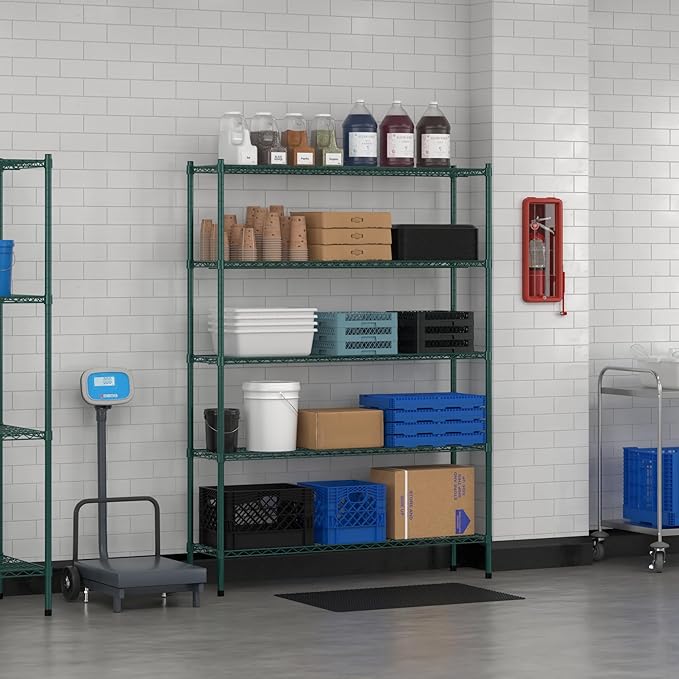 Commercial NSF Listed Green Epoxy Stationary Wire Shelving Kit 14" x 54" x 74", with 5 Shelves Perfect for Warehouse, Walk-in Refrigerator, Freezer, Grocery Store, Restaurant, Dishroom