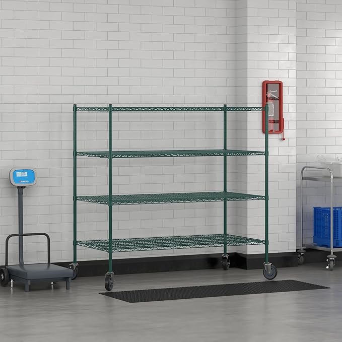 Commercial NSF Listed Green Epoxy Mobile Wire Shelving Kit 30" x 60" x 60", with 4 Shelves Perfect for Warehouse, Walk-in Refrigerator, Freezer, Grocery Store, Restaurant, Dishroom